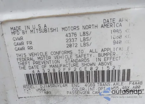 2012 Mitsubishi Galant Fe z USA, uszkodzony, nr VIN 4A32B2FF2CE021527